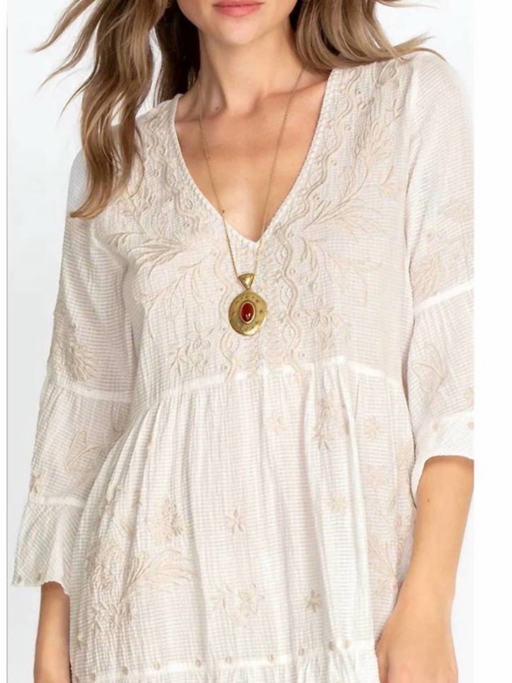 Johnny Was Malo Easy Tiered White/Cream Embroidered V-Neck Midi Dress with slip
